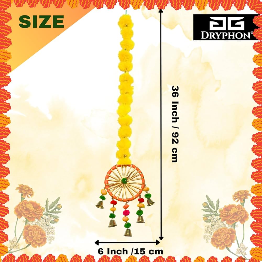 DRYPHON Artificial Marigold Flowers With Pom Pom Ring Bell Hanging Garlands for Home Decoration, Diwali, Wedding, Puja 
