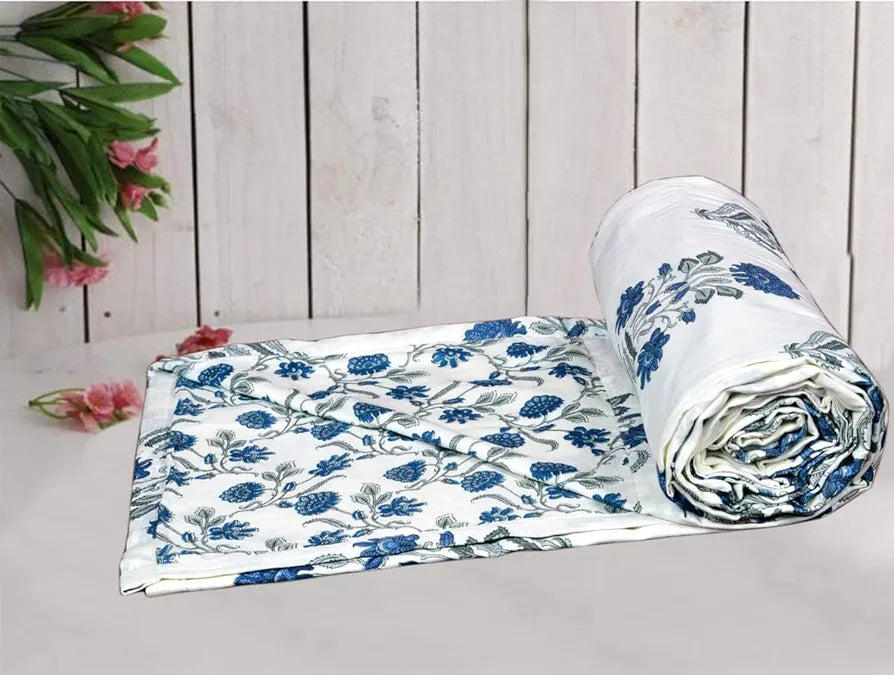 Trance Home Linen 100% Cotton Reversible Dohar Single Bed Size | Jaipuri Printed Artisan Block Design Blanket | Soft Lightweight Ac Comforter Quilt 