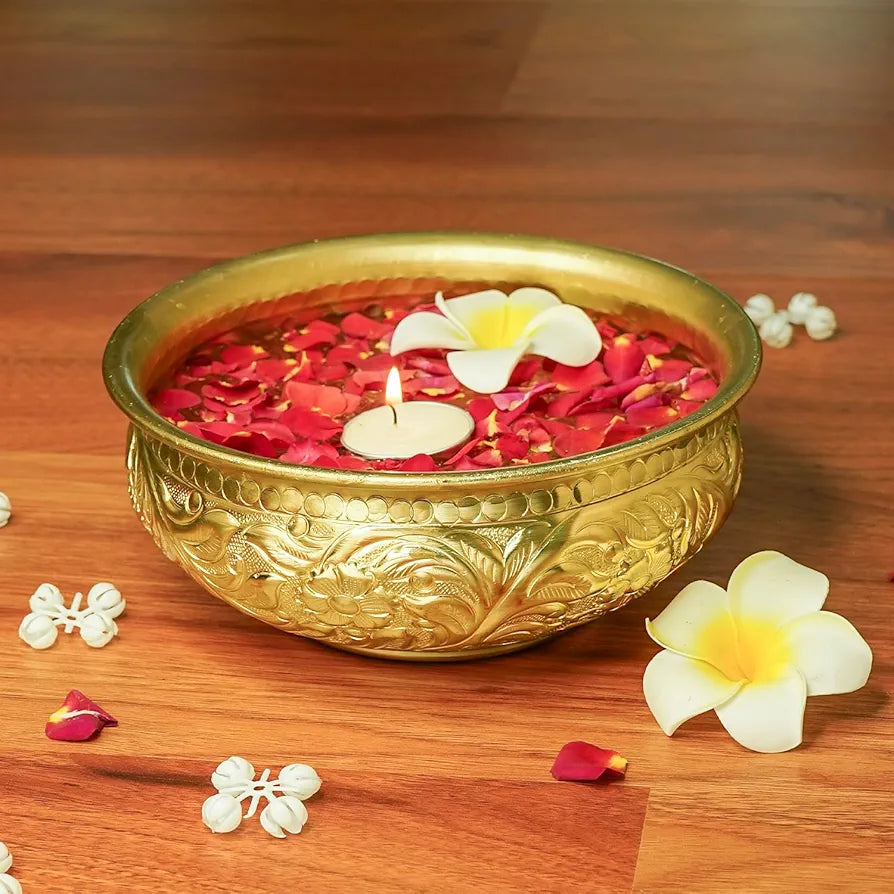 Ekhasa Golden Aluminium Urli Bowl for Home Decor & Diwali Decoration  | Uruli for Flower Decor | Urali Decoration Bowl, Wedding Decor Item | Urili Decorative Item for Puja & Gifting