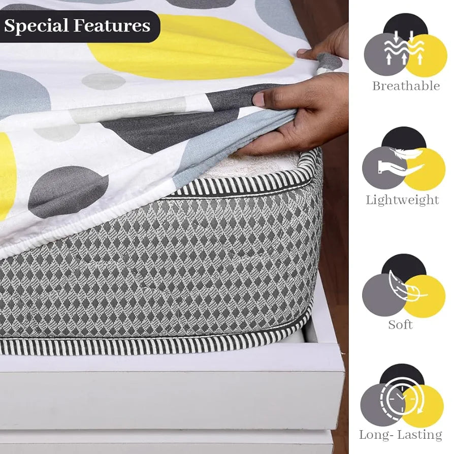 Divine Casa 144 TC Polka Print Yellow Skin Friendly 100% Cotton Elastic Fitted Bedsheets King Size - 78 x 72 inches