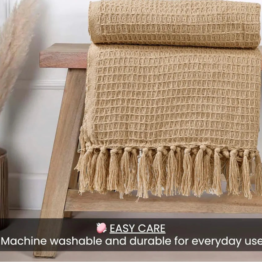 HOMADORN Waffle Weave Cotton Throw Blanket – Lightweight, Breathable & Cozy for Sofa or Bed  Beige