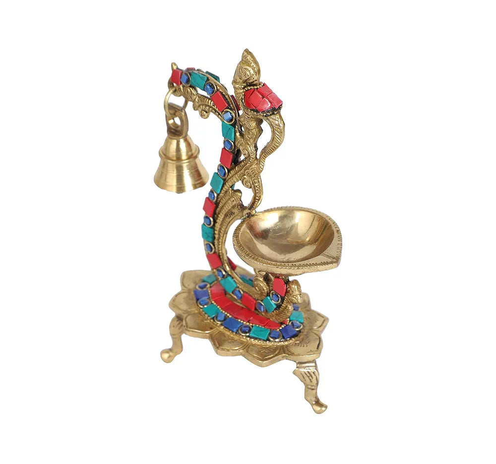 Two Moustaches Gemstone Work Ethnic Carved Peacock Design Brass Diya with Bell , Brass Antique Oil Lamp, Diyas for Home , Size - 8 Inches , Standard , Pack of 1