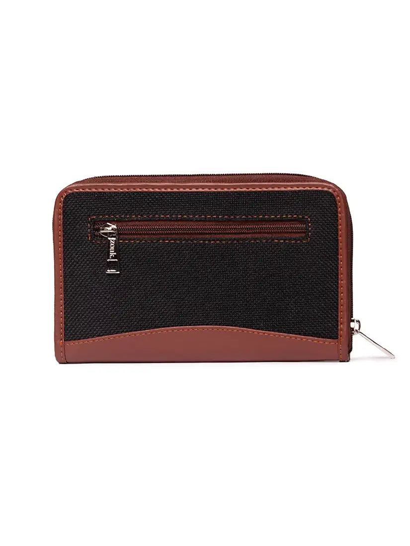 ZOUK Wallets for Women - Handmade Wallets for Females - Vegan Leather and Jute Purse for Ladies - Clutch with Indian Print - Wallets for Mobile Phones - Jet Black Print