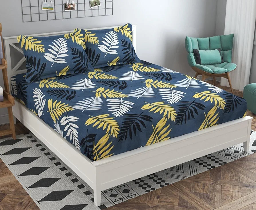 100% Microfiber bedsheet for Double Bed with 2 Pillow Covers Breathable | Wrinklefree and Soft Touch 144 TC Pattren Floral Grey and Mustarded| TC - 144