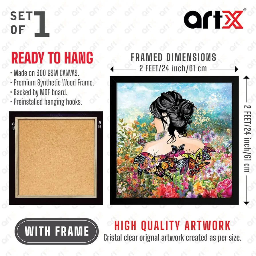 ArtX Woman Butterfly Big Canvas Painting For Bedroom, Living Room,Drawing Room With Frame, Multicolour, Square, 24.0 x 24.0 inch, 2x2 Feet, Set Of 1