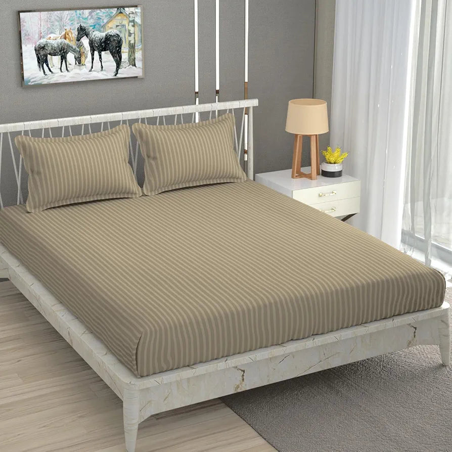 Homefab India 160 TC Stripe Glace Cotton Double BedSheet with 2 Pillow Covers -  - Beige