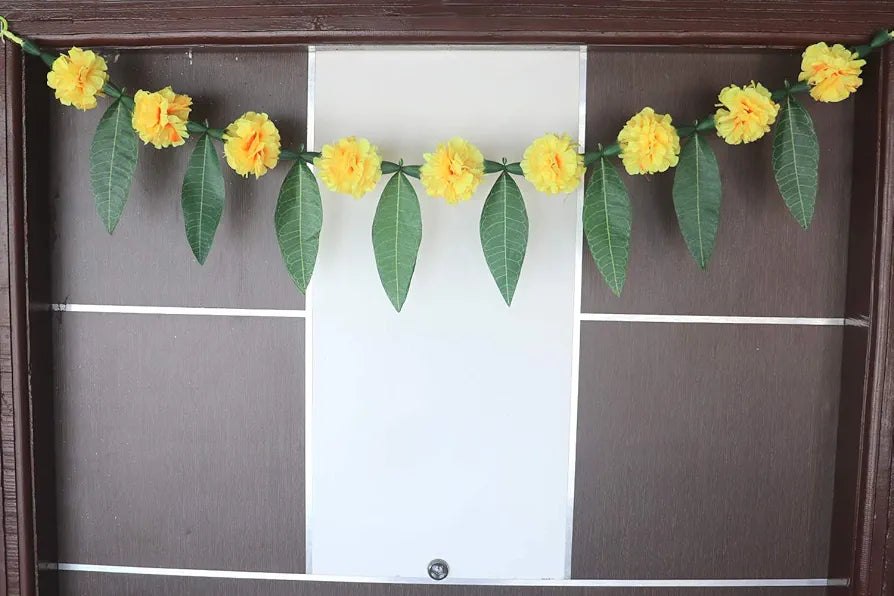 S2S® Artificial Yellow Marigold Flowers with Mango Leaf Door Toran for Main Door,Hanging Toran for Festive Decorations, Doorway Leaves toran  