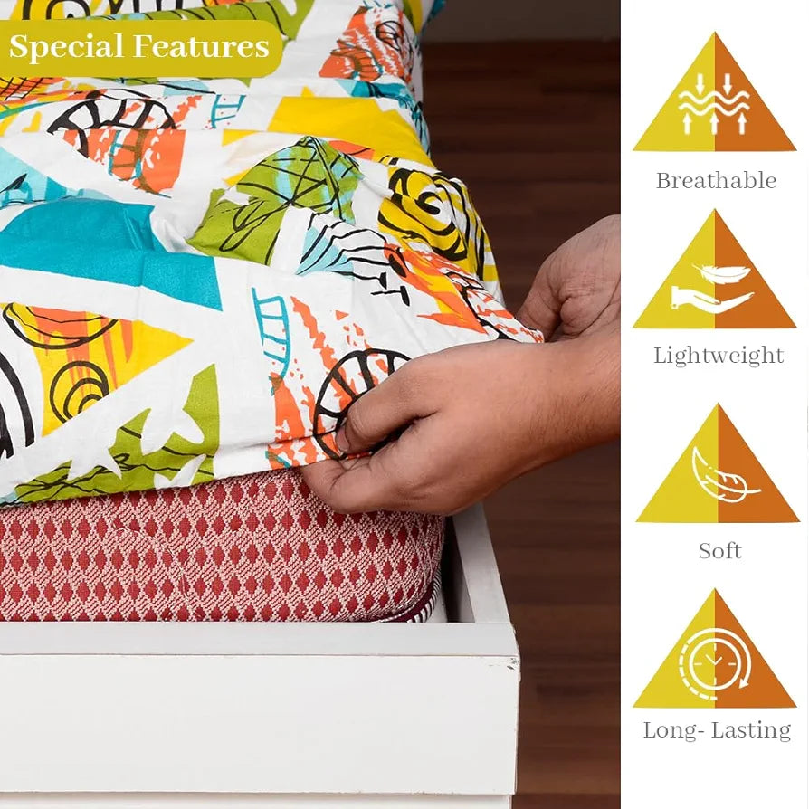 Divine Casa 144 TC Cotton Geometric Print Queen Size Double Bed Elastic Fitted Bedsheet with 2 Pillow Cover 