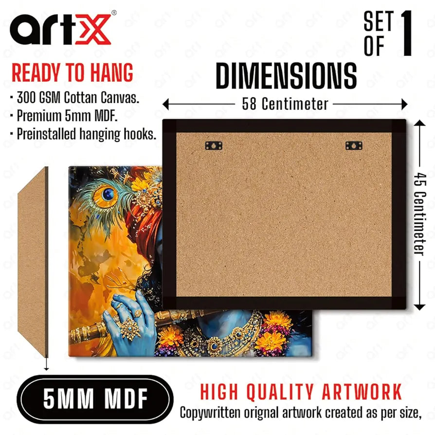 ArtX Canvas Krishna Playing Flute Wall Painting, Krishna Photo Frame For Living Room, Bedroom, Multicolor, Abstract, 58.0 X 45.0 cm, Set of 1