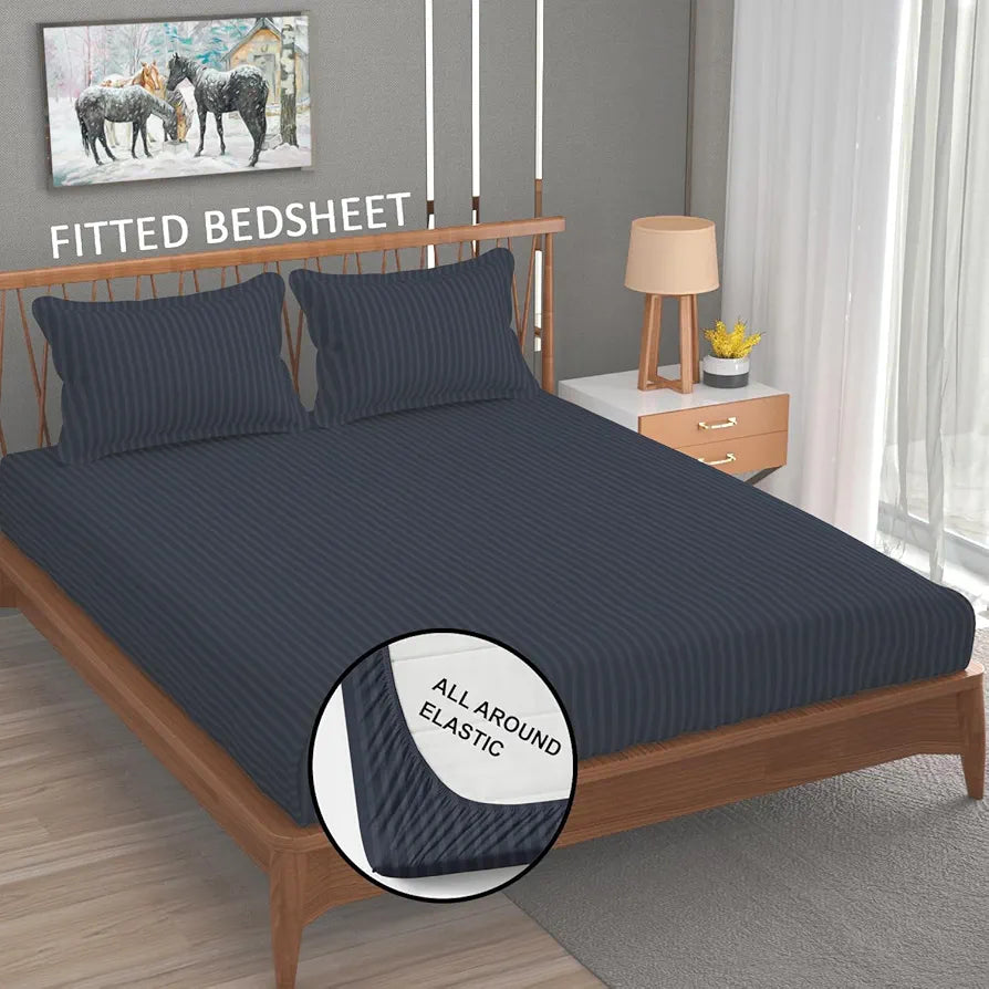 Homefab India 160 TC Stripe Cotton Feel Glace Cotton Elastic Fitted King Size Double Bed Bedsheet with 2 Pillow Covers Fits Upto 6 inches Mattress, Size-72X78 inches, Grey