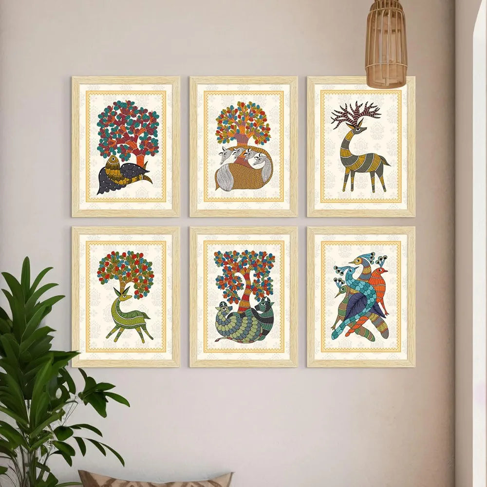 ArtX Paper Indian Gond Art Paintings with Frame for Home Decor, Wall Painting for Living Room, Multicolor, 10x13 inch, Set of 6