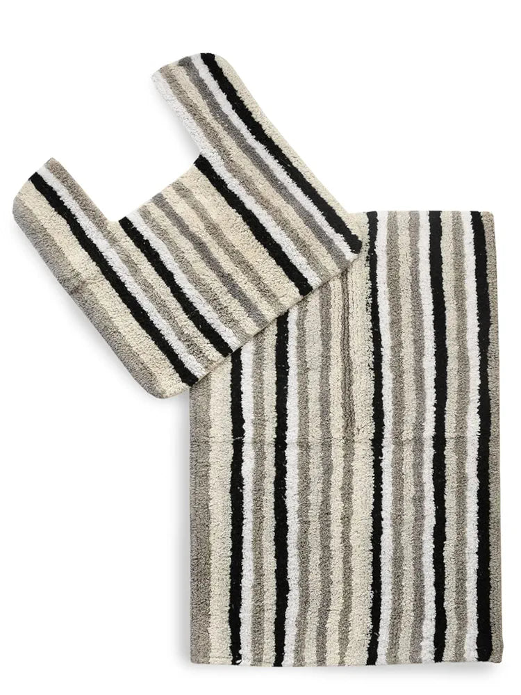 SASHAA WORLD Striped Anti-Skid Bathmat & Contour Set | Ultra Soft, Highly Absorbent, Ideal for Bathroom & Home Use, 2-Piece Set with Rectangle & Contour Mats | 50x80 cm, Black, White & Grey