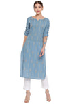 Janasya Women's Blue Cotton Ethnic Motifs Straight Kurta Blue