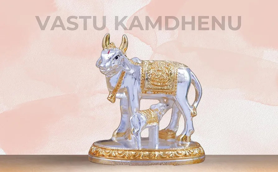 Gold Art India Kamdhenu Cow with Calf Idol Gold Silver Plated | Home Decor Gaay Bachda Cow |Calf for Vastu | Positive Energy | Wealth Idol Diwali Puja | Housewarming 3.3