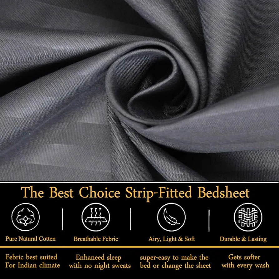 FRESH FROM LOOM 240 TC Satin Striped Soft Fitted Bedsheet King Size Bed with Two Pillow Cover|Bed Covers for Mattresses Tuck in  Grey