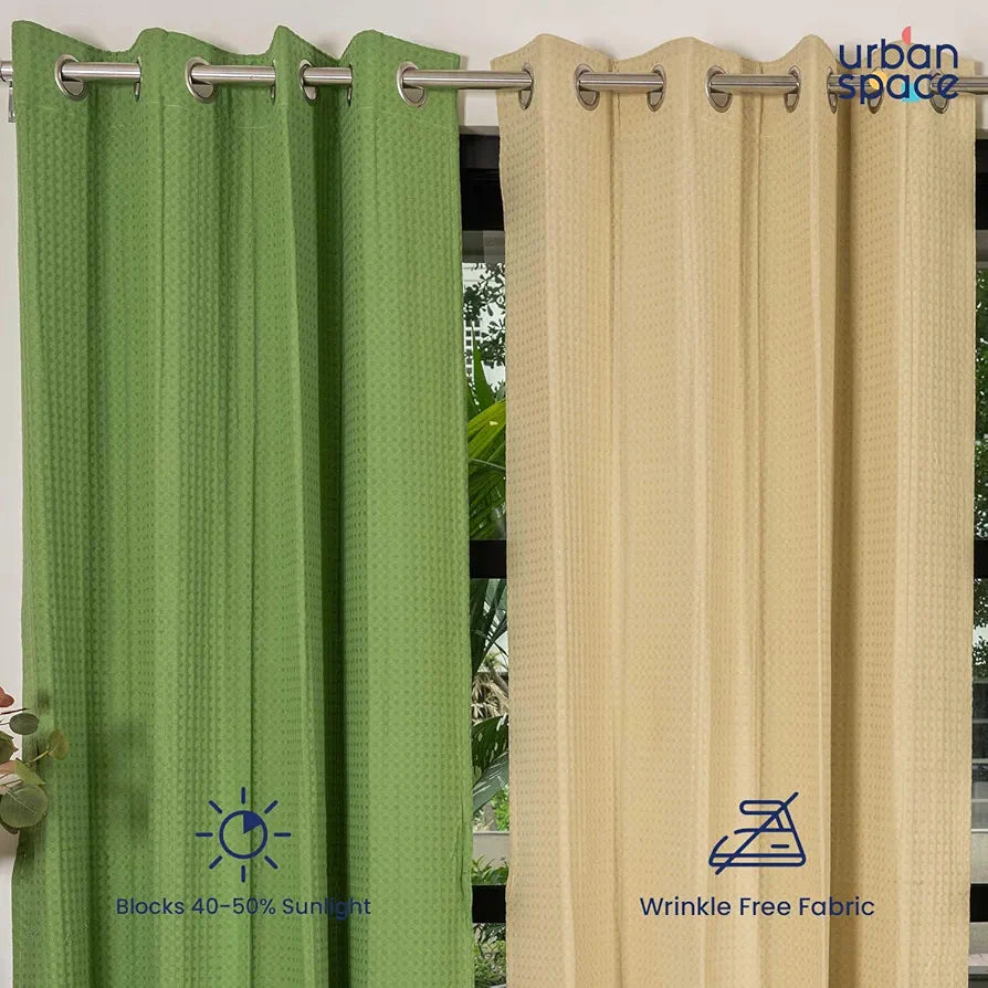 Urban Space 100% Cotton Waffle Weave Curtains for Window, Set of 3 Curtains 5 feet Long, 60-65% Room Darkening, Tieback & Eyelets Included with Curtains for Home Decor 