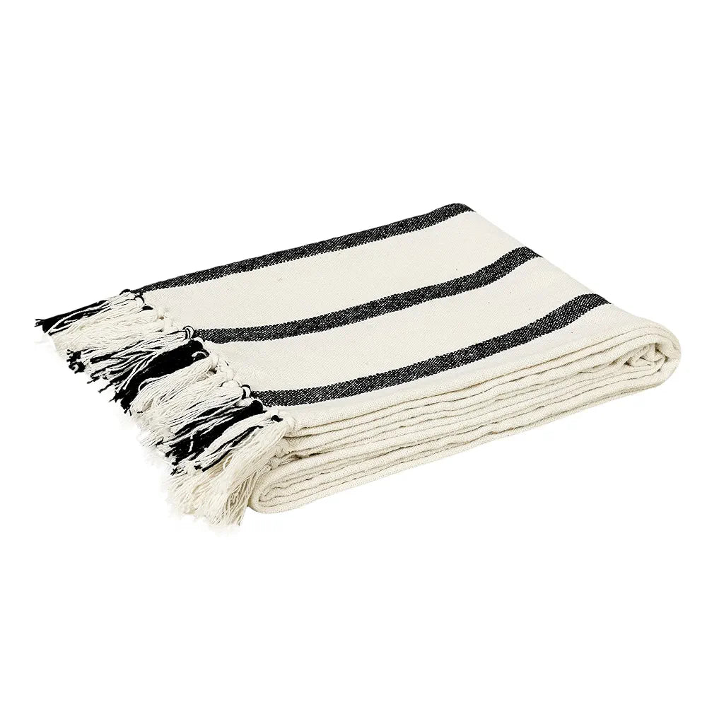 SASHAA WORLD Striped Throw Blanket | Throw Blanket for Living Room, Bedroom, Sofa & Chair | Beige & Black Throw Blanket | Size 180 x 200 cm Pack of 1