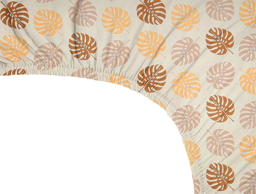 Premium Cotton Elastic Fitted Bedsheets with 2 King Size Pillow Covers Double Bed with All Around Elastic Supersoft Size - 72 x 78 +10 inches Leaf Print Beige and Brown 200 tc - 220 tc