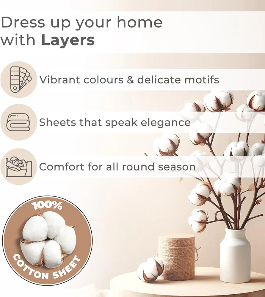 Layers Basicx 100% Cotton Bedsheet Set for All Seasons - Lightweight, Moisture Absorbent, Machine Washable & Easy to Care - Gift for Housewarming & More - 120 TC - Queen Size 