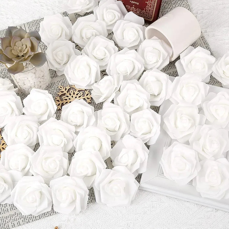IPOPU 100 Pcs Artificial Rose Flower Heads Real Looking White Foam Fake Roses for DIY Wedding Baby Shower Centerpieces Arrangements Party Tables Home Decorations 