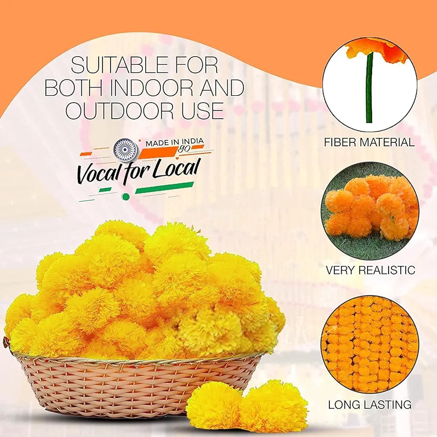 HOME BUY Artificial Marigold Flowers for Decoration Garland with Bell for Diwali & Festivals | 5 Feet Long 