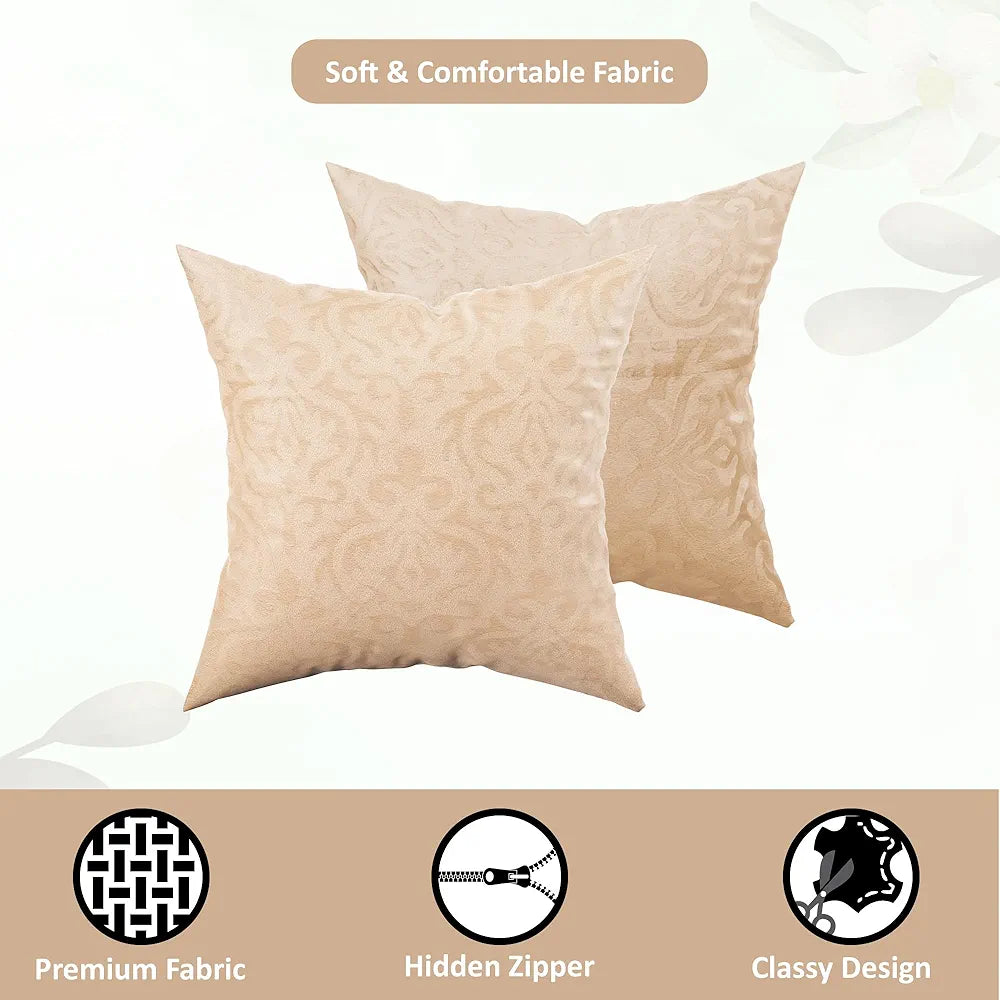 Kuber Industries Set of 5  Washable & Removable Velvet Sofa Pillow Covers with Zip | Soft Sofa Cushion Covers for Home & Bedroom Interiors | Floral Design - Beige