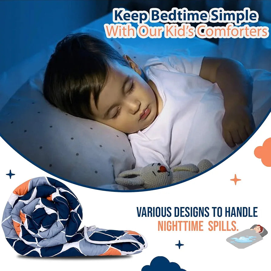 Divine Casa 120 GSM Microfiber Reversible Kids Single Bed Comforter | Ultra-Soft Toddler Blanket | Lightweight & Cozy | All-Season Bedding for Babies & Kids | 135 x 100 cm, Blue-Grey and Orange