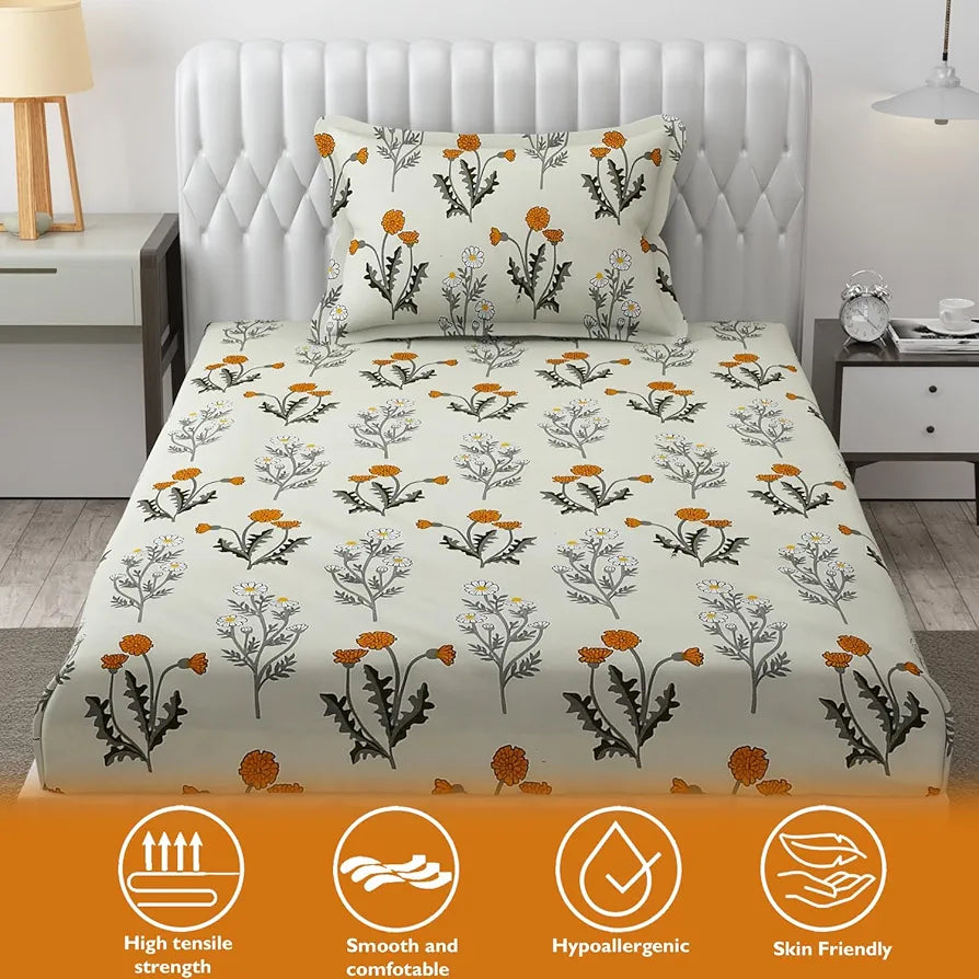FRESH FROM LOOM Single Bed Microfiber Bedsheet with Floral Print - 240 TC, Hypoallergenic, Includes 1 Pillow Covers , Multicolor