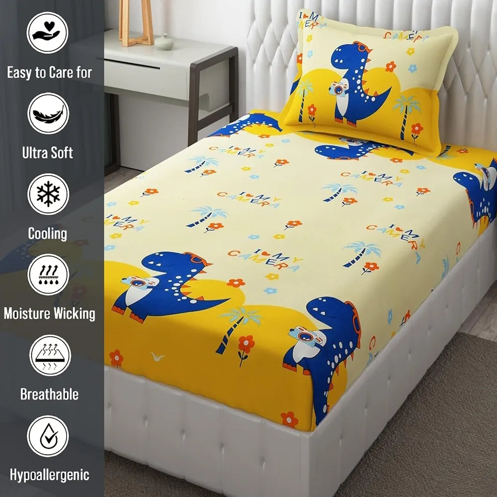 FRESH FROM LOOM Glace Cotton Wrinkle Free Soft Hypoallergenic Elastic Fitted Bed Sheet,Cartoon Printed,Bedsheet for Kids Room Boys Girls,Dinosaur),300 TC,Multicolor