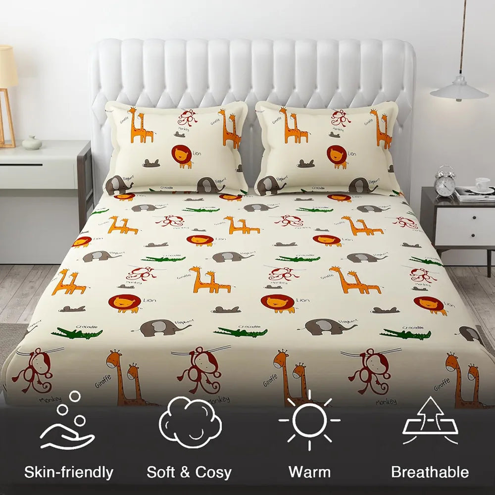 FRESH FROM LOOM Glace Cotton Wrinkle Free Elastic Fitted Bed Sheet with 2 Pillow,Cartoon Printed,Bedsheet for Kids Room ,Cream/Animal),Double Bed,300 TC