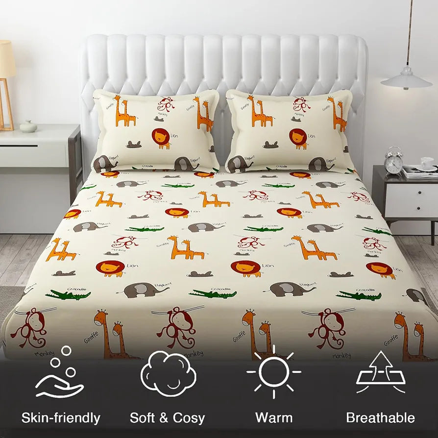 FRESH FROM LOOM Glace Cotton Wrinkle Free Soft Hypoallergenic Bed Sheet with 2 Pillow Cover,Cartoon Printed,Double Bed King Size Bedsheet for Kids Room Boys Girls,144 TC