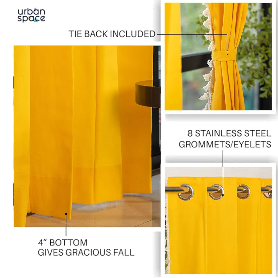 Urban Space Geometric 100% Cotton Curtains For Door, Set Of 3 Curtains 7 Feet Long, 60-65% Room Darkening Curtain, Tieback & Eyelets Included With Curtains For Home Decor 