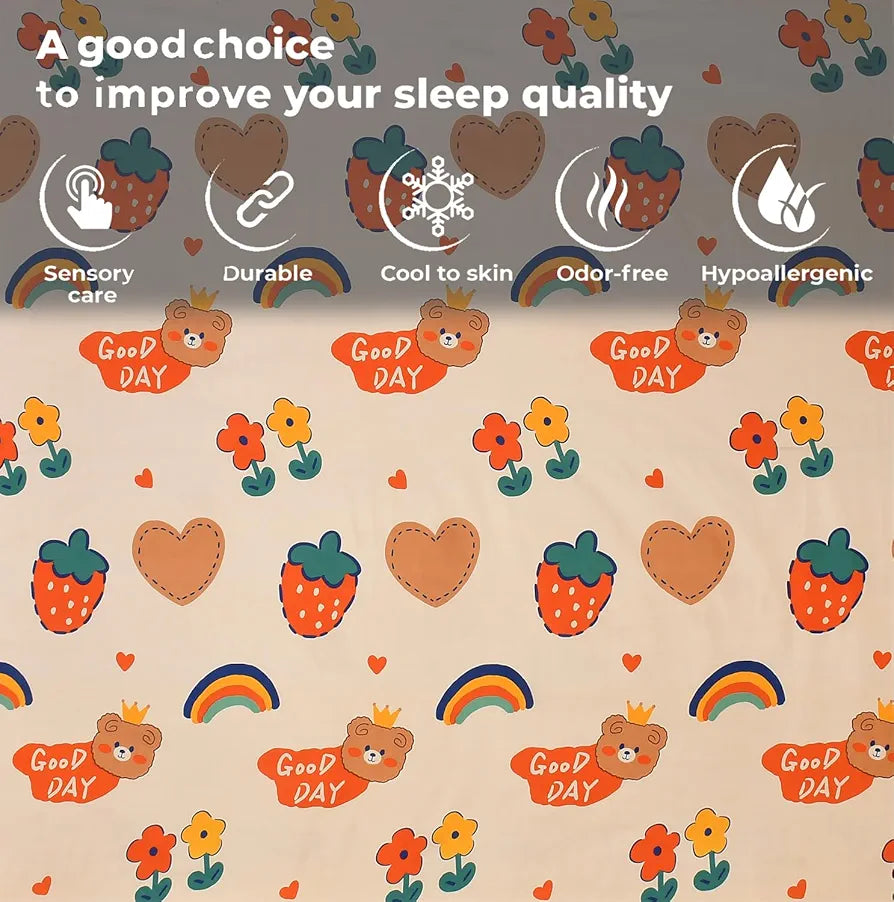 FRESH FROM LOOM Cartoon Wrinkle Free Glace Cotton Bedsheet For Kids With 2 Pillow Cover , 144 Tc,Multicolor