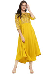 Janasya Women's Yellow Poly Crepe Gold Print Flared Kurta