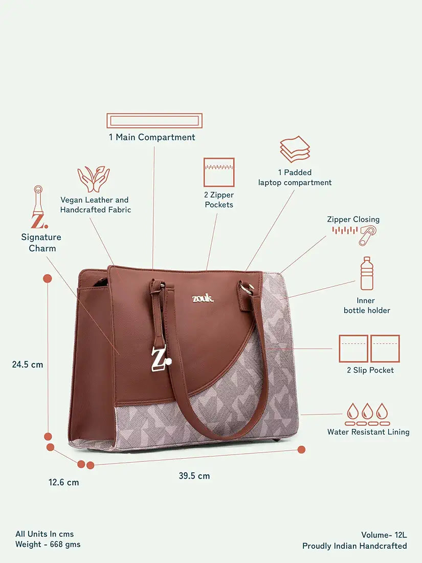 ZOUK Women's Office Essential Bag | Jute | Vegan Leather Handcrafted Tote Bag With Double Handle Shoulder Strap