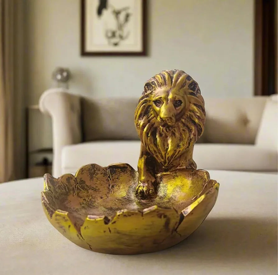 ALILA Lion Babbar Sher Bowl Tray Statue Showpiece Idol for Gifting & Home Table Living Room Decor Decoration, Golden 