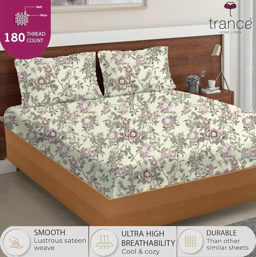 Trance Home Linen Skin Friendly 100% Cotton Printed Fitted Bedsheet for Queen Size Bed with 2 Pillow Cover - Premium 180TC 