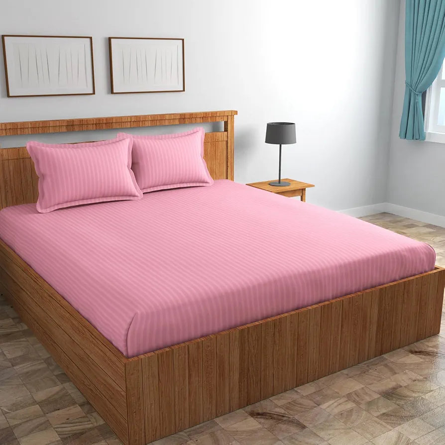 Homefab India 160 TC Stripe Cotton Feel Glace Cotton Elastic Fitted King Size Double Bed Bedsheet with 2 Pillow Covers Fits Upto 6 inches Mattress, Size-72X78 inches, Baby Pink