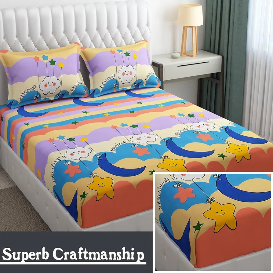 FRESH FROM LOOM Wrinkle Free Glace Animal Print Cotton Bedsheet For Kids With Two Pillow Cover , Multicolor, 144 Tc