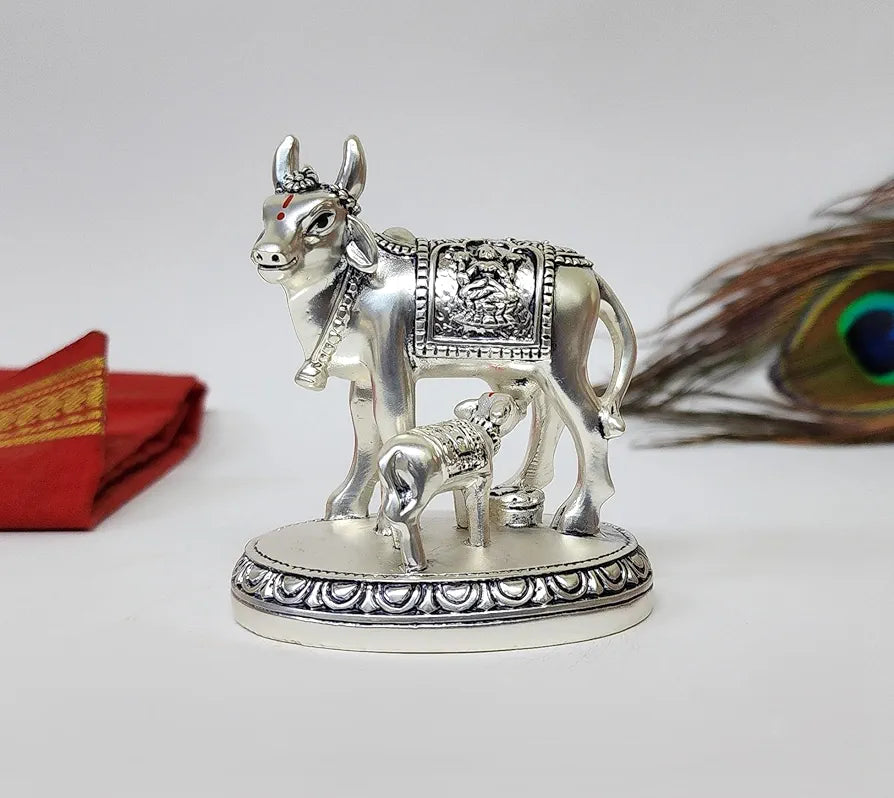 Gold Art India Kamdhenu Cow and Calf Idol | Silver Matte Finish Decorative Murti | 7.62 cm x 7.62 cm | Sacred Gau MATA Statue for Home Temple & Gift