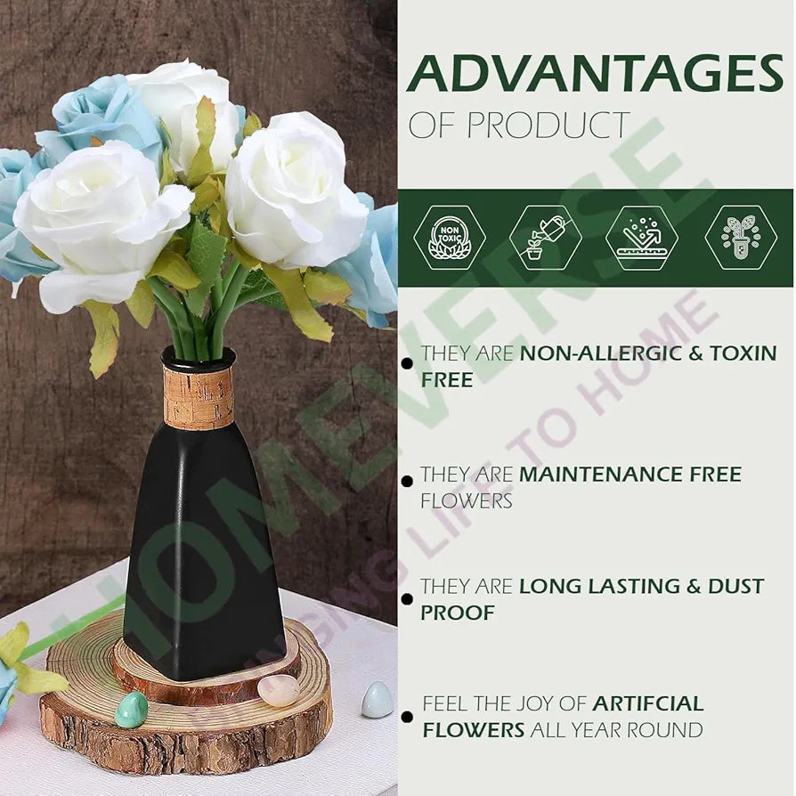 HOMEVERSE 6pcs Blue+6pcs White| Artificial Rose Fake Silk Plants Wedding Valentines Birthday Anniversary Christmas Mothers Day 