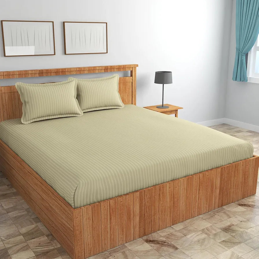 Homefab India 160 TC Stripe Glace Cotton Double BedSheet with 2 Pillow Covers -  - Ecru