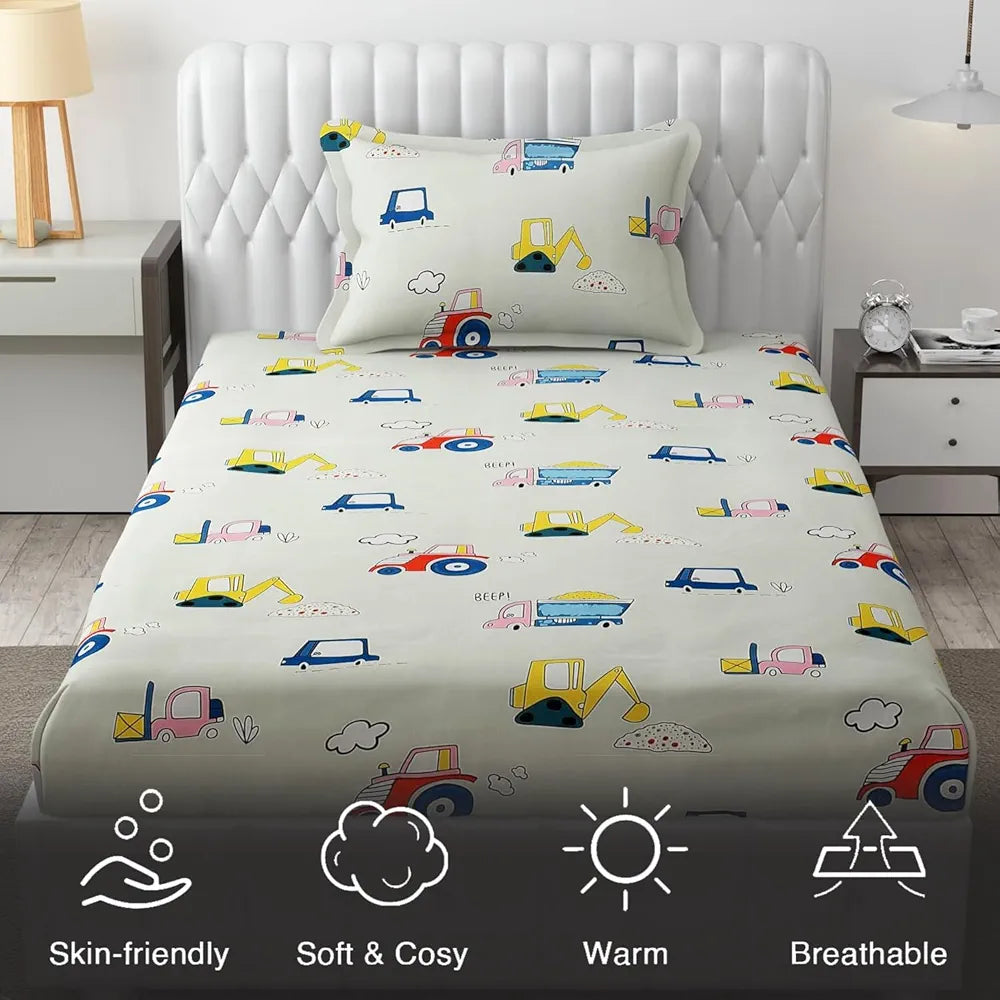FRESH FROM LOOM Glace Cotton 300 tc Wrinkle Free Soft Hypoallergenic Elastic Fitted Bed Sheet With 1 Pillow Cover|Cartoon Printed |Cream), Smallsingle