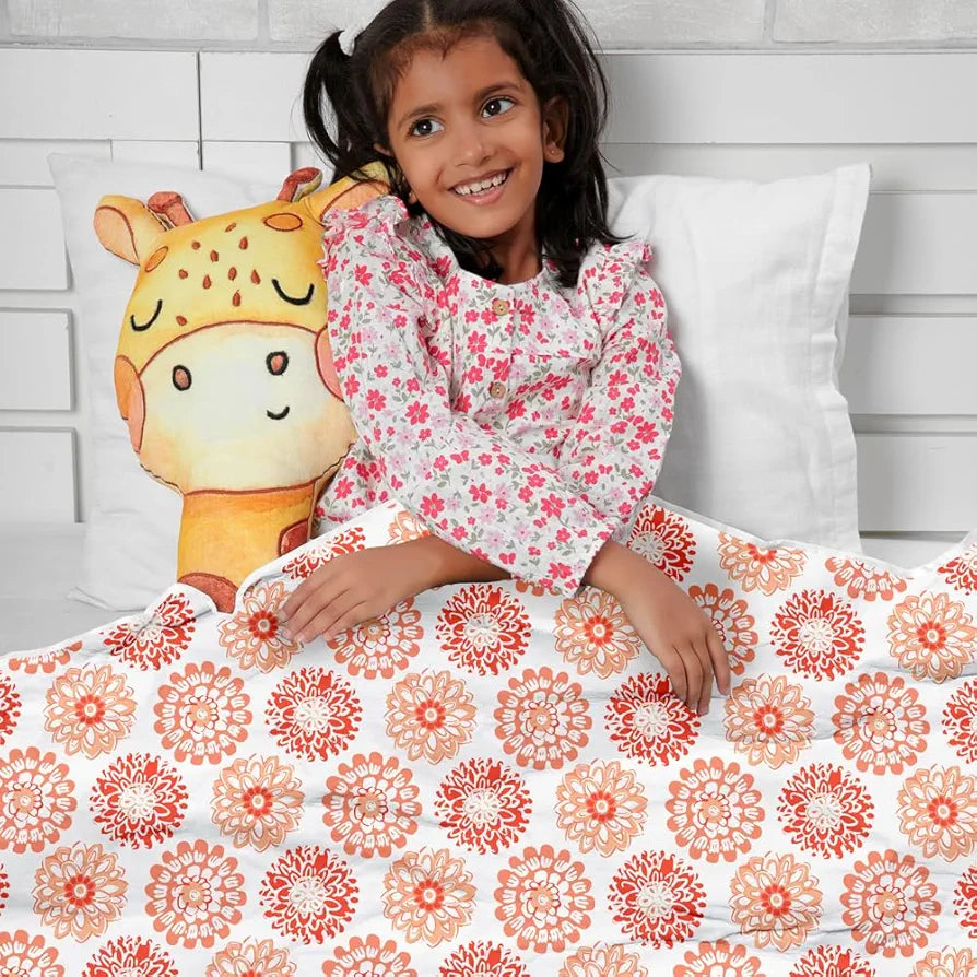 Divine Casa Floret 100% Cotton Single Kids Dohar | 120 GSM | Soft & Lightweight Throw Blanket | Cozy & Breathable Bedding | All-Season Comfort | 140 x 100 CM, Red Orange