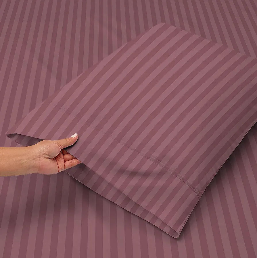 HOMEKART Premium Cotton 210Tc Elastic Fitted Bedsheets with 2 Pillow Covers,King Size Bed with All Around Elastic Wrinkelfree Supersoft Striped Pattren Breathable |Size-78 x72+10 inches |Pink, 210 TC