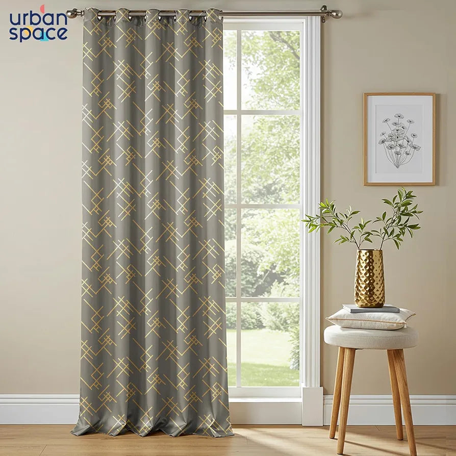 Urban Space Blackout Curtains for Living Room, Gold Foil Printed Luxurious 100% Blackout Decorative Door Curtain Eyelet with Tieback, 1 Piece 