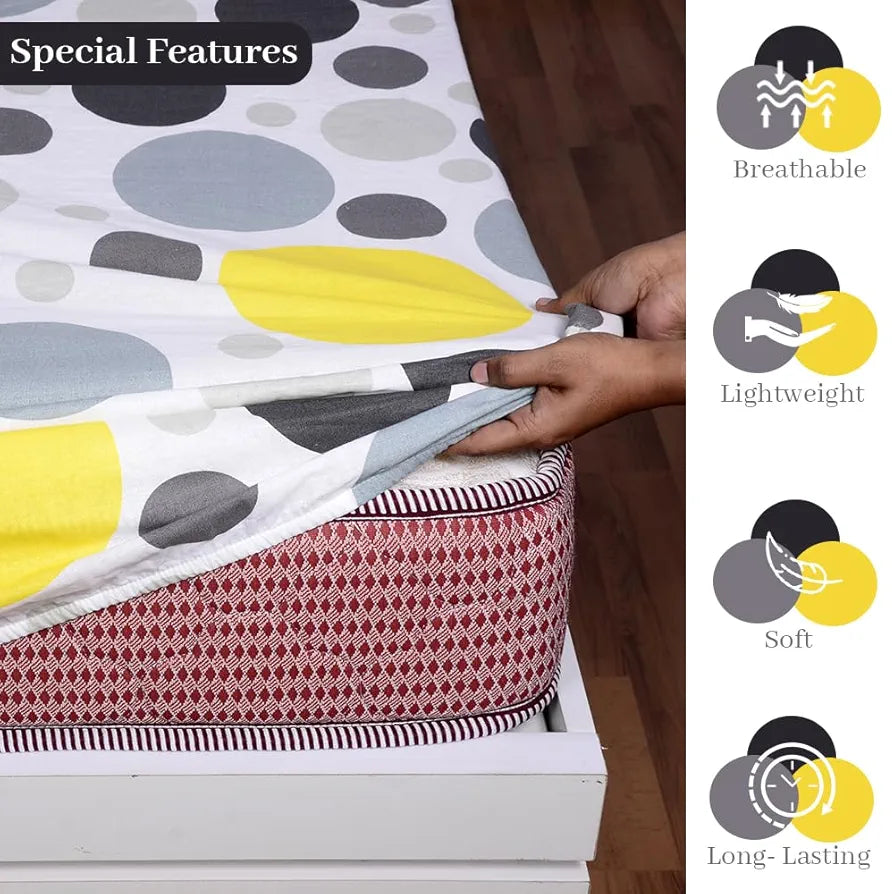 Divine Casa 100% Cotton 144 TC Cotton Elastic Fitted Bedsheets Double Size with 2 Pillow Covers | 59 x 78 inches | Yellow Gray