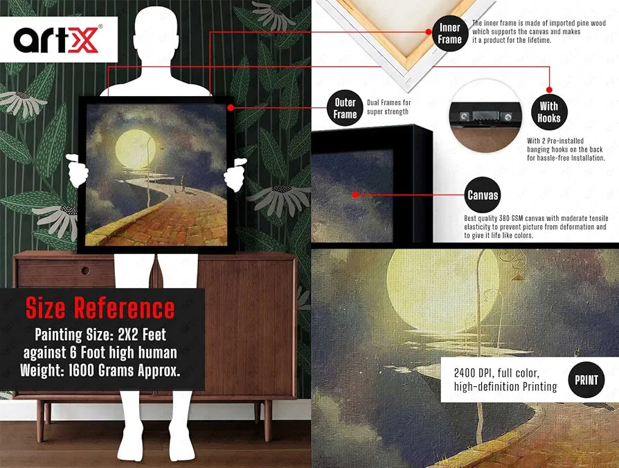 ArtX Way To Moon Big Canvas Painting For Bedroom, Living Room, Drawing Room With Frame, Multicolour, Square, 24.0 x 24.0 inch, 2x2 Feet, Set Of 1