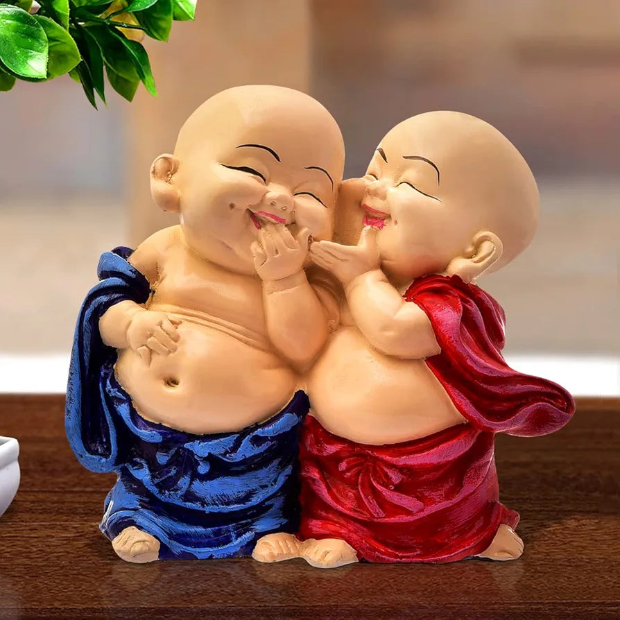 Karigaari India Handcrafted Resine Little Laughing Buddha Monk Sculpture | Showpiece for Home Décor and Office, Blue