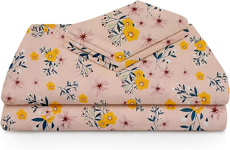 HOMEKART Cotton 200 TC Proper King Size Bedsheet for Double Bed, King Size 108 x 108 Inches Breathable for Summer with 2 Large Size Pillow Covers Without Joint- Peach Yellow Flowers